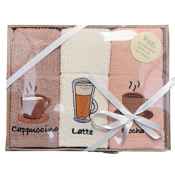 Coffee Box 3pc Embroidered Kitchen Towels
