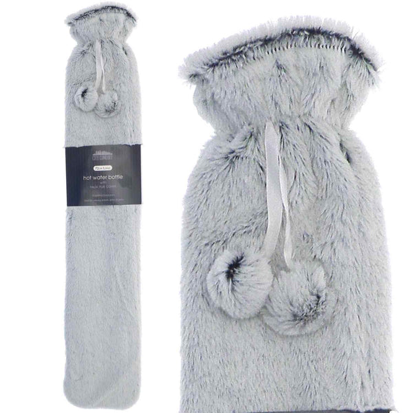 Two Tone Long Faux Fur Hot Water Bottle (72cm) - Silver