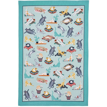 Kitty Cats Cotton Tea Towel - Blue