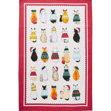 Christmas Cats in Waiting Cotton Tea Towel - Red