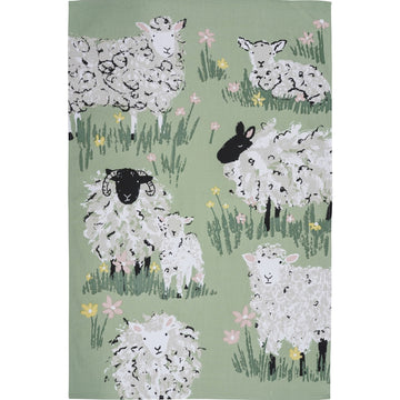 Woolly Sheep Cotton Tea Towel - Green