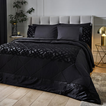 Lattice Cut Velvet Bedspread - Black