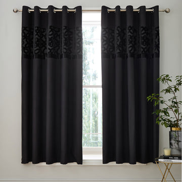 Lattice Cut Velvet Eyelet Curtains - Black