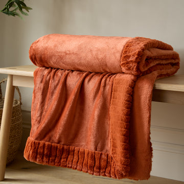 Velvet & Faux Fur Blanket Throw - Burnt Orange