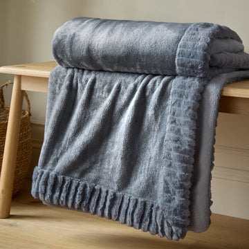 Velvet & Faux Fur Blanket Throw - Charcoal Grey