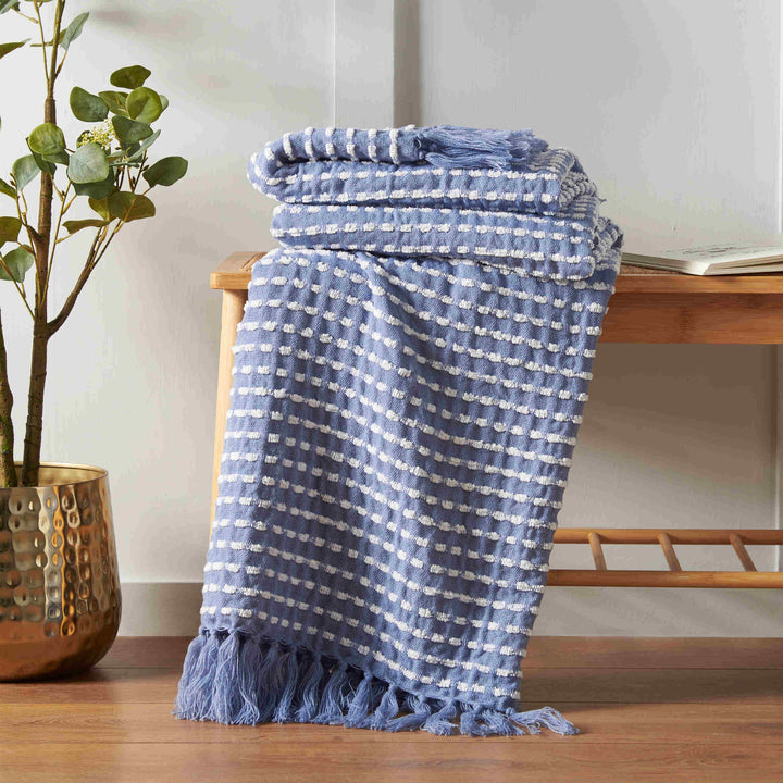 Catherine Lansfield Stab Stitch Throw - Blue - Williamsons Factory Shop