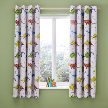 Prehistoric Dinosaurs Eyelet Curtains - Natural/Blue