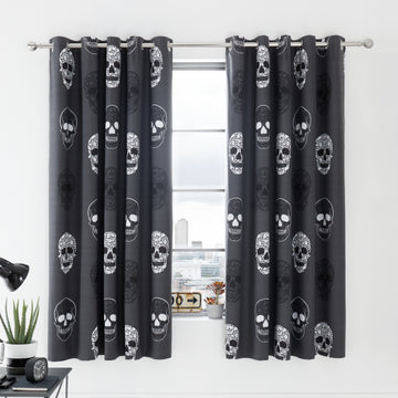 Skulls Eyelet Curtains - Grey
