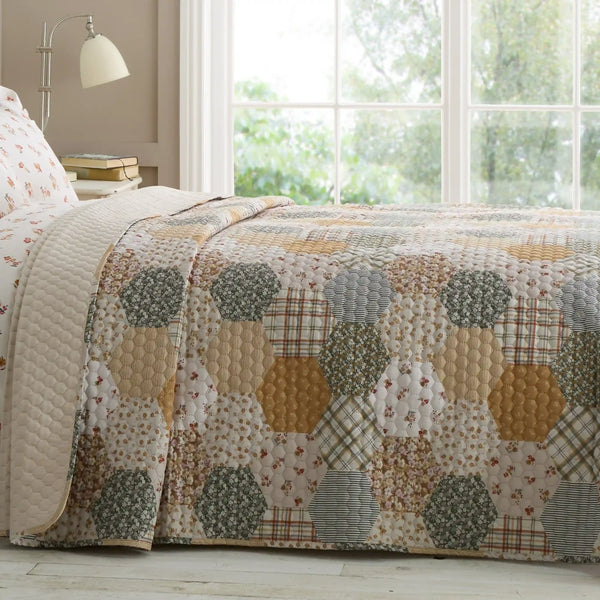 Floral Patchwork Quilted Bedspread - Natural
