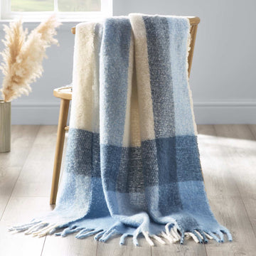 Karierte Kuscheldecke aus Kunstmohair - Blau