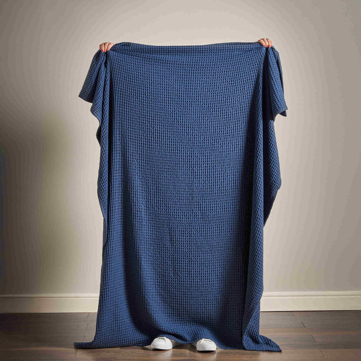 Pineapple Elephant Jaipur Chunky Waffle Throw - Navy - Williamsons Factory Shop