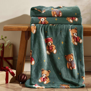 Christmas Tartan Teddy Bear Blanket Throw - Green