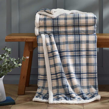 Cosy Ribbed Check Blanket Throw - Blue