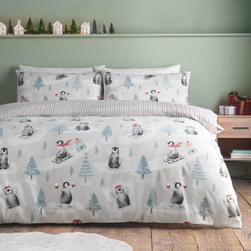 Brushed Christmas Penguins Duvet Cover Set - Green
