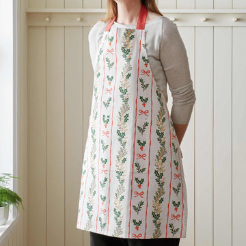 Christmas Holly Stripe Apron - Cream