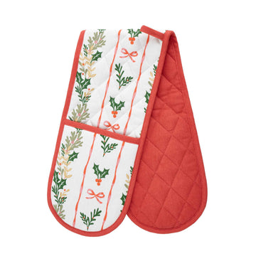 Christmas Holly Stripe Double Oven Glove - Cream