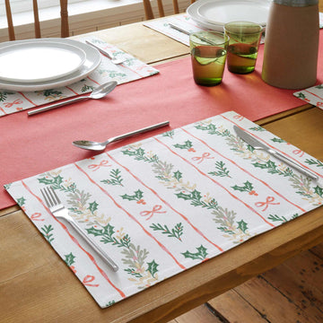 Christmas Holly Stripe Set of 4 Placemats - Cream
