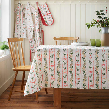 Christmas Holly Stripe Tablecloth - Cream