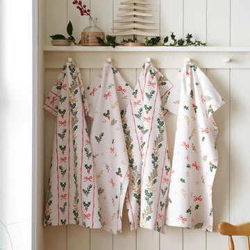 Christmas Holly Stripe Tea Towels (4 Pack) - Cream