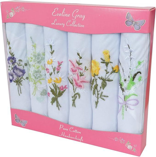 Ladies 6 Pack Coloured Embroidered Handkerchief Set