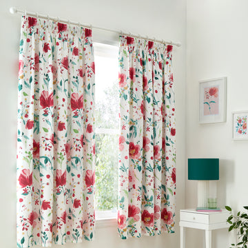 Cortinas plisadas de lápiz con amapolas abstractas - Rojo
