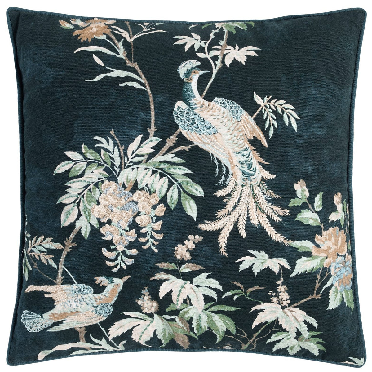 Dark teal velvet cushion with a nature-inspired bird and floral pattern.