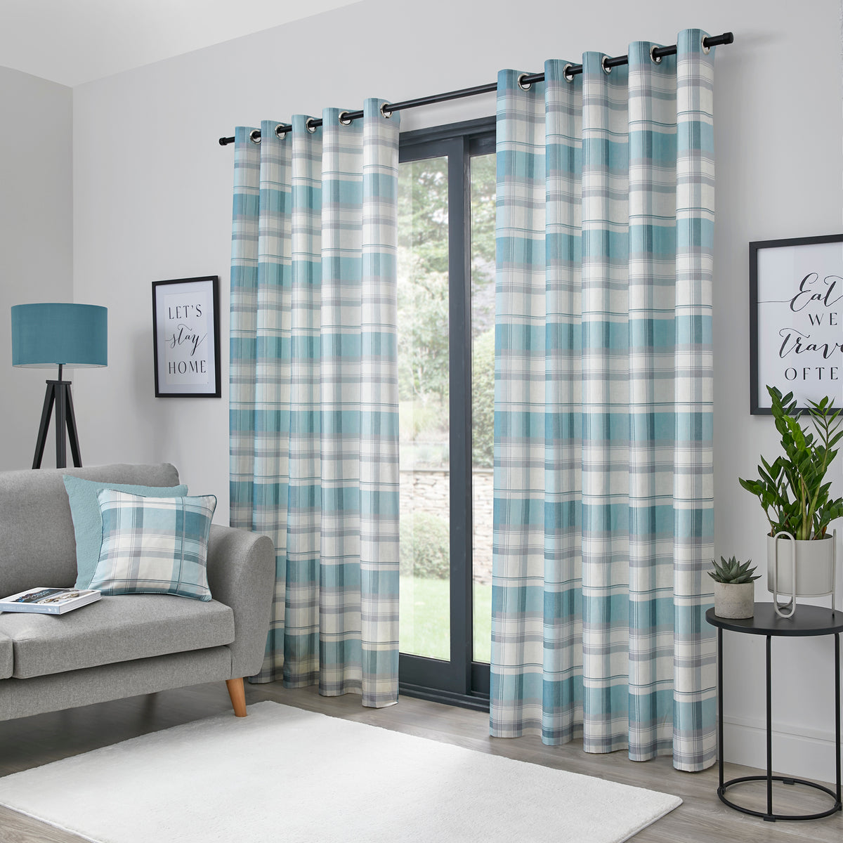 Fusion Balmoral Check Eyelet Curtains - Duck Egg