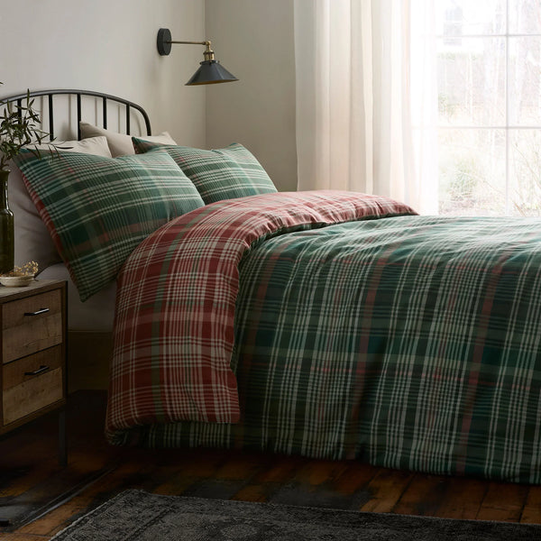 D & D Bennet Check Brushed Cotton Duvet Cover Set - Green