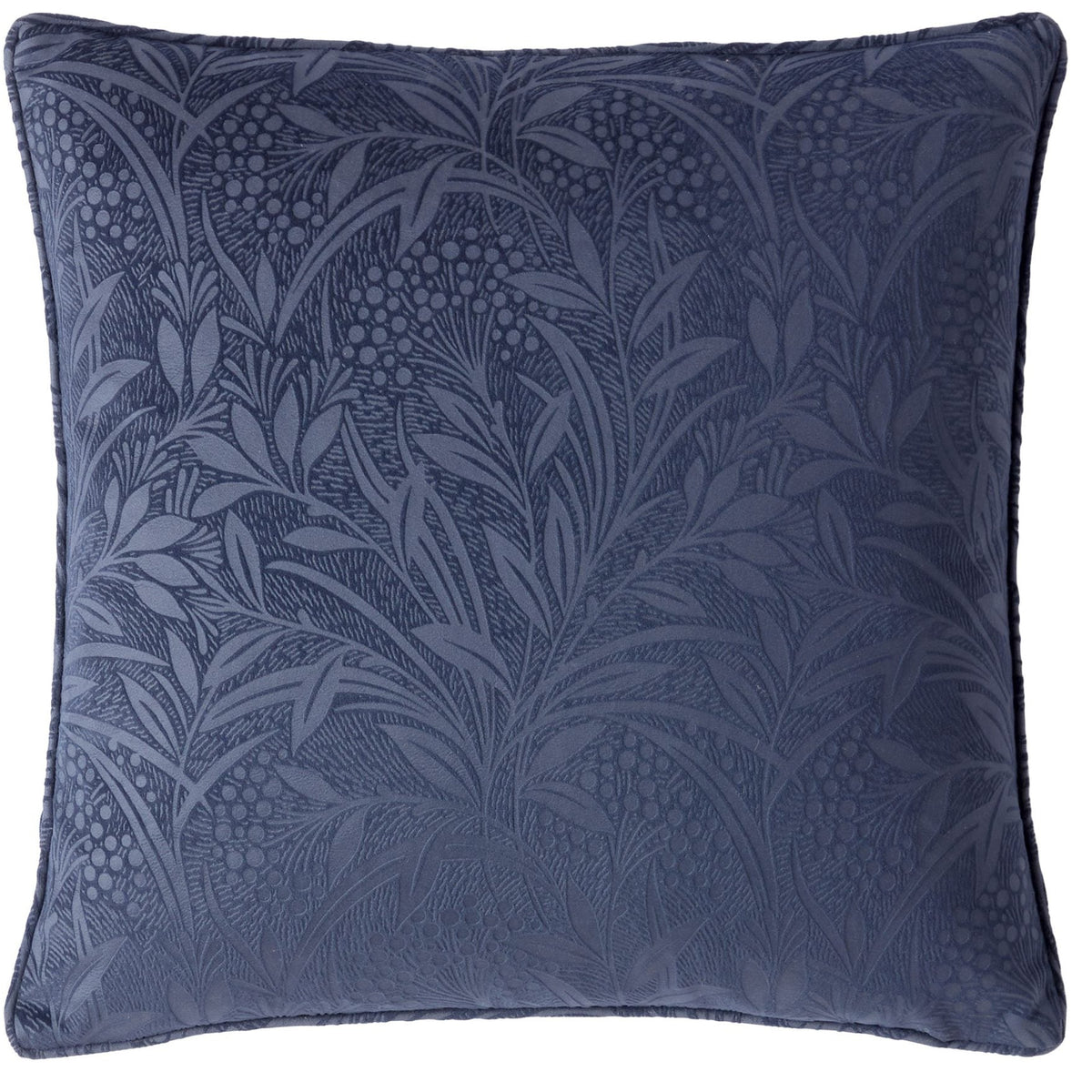 Navy blue velvet cushion with embossed botanical leaf and berry pattern