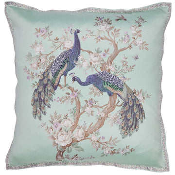 Mint green decorative cushion with peacock and floral pattern