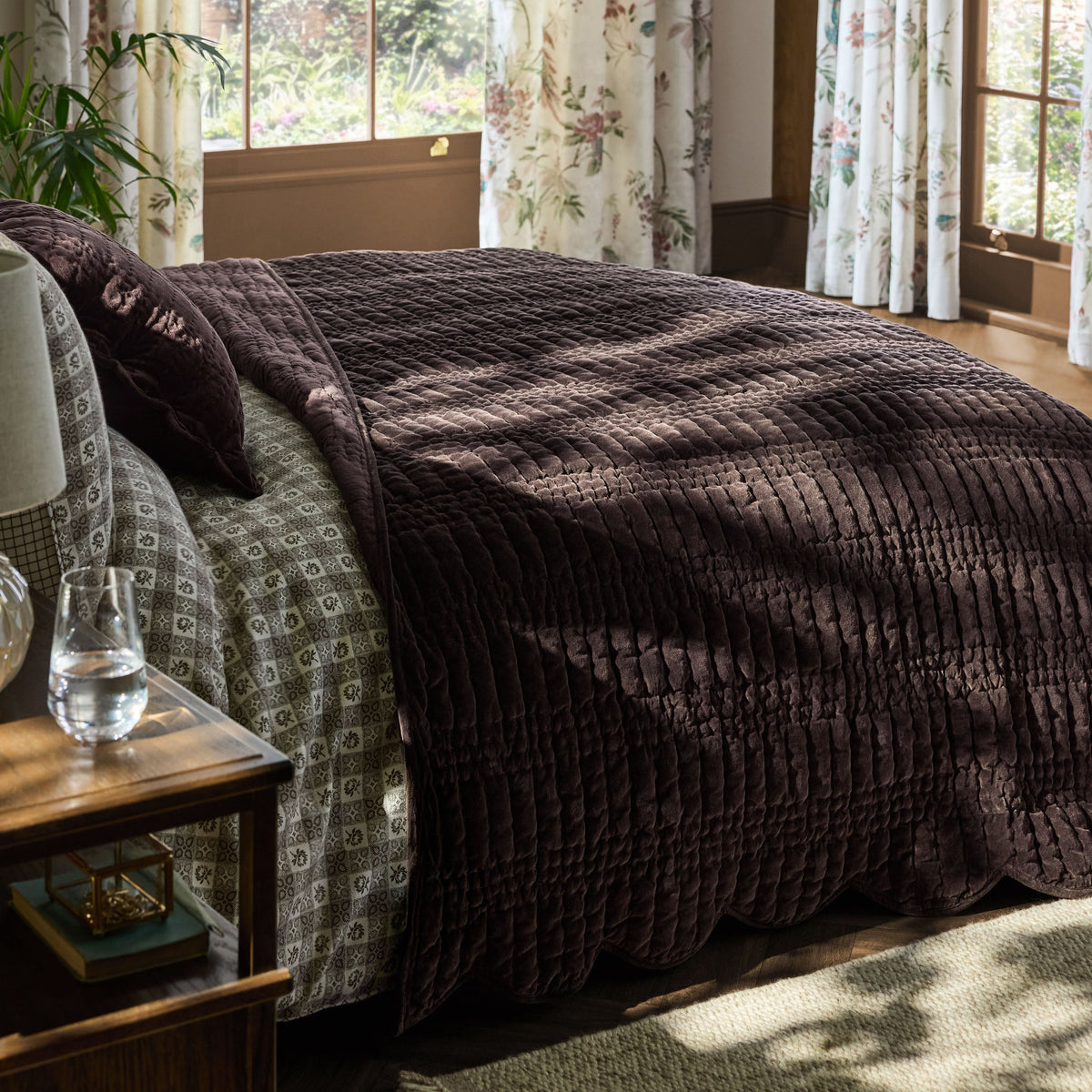 Laura Ashley Brady Scalloped Bedspread - Chocolate room setting