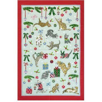 Christmas Cats Cotton Tea Towel - Seafoam