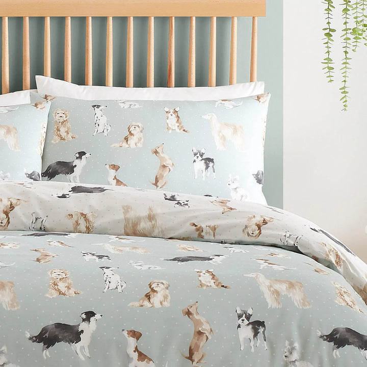 Fusion Friends Cute Dogs Duvet Cover Set - Duck Egg - Williamsons Factory Shop
