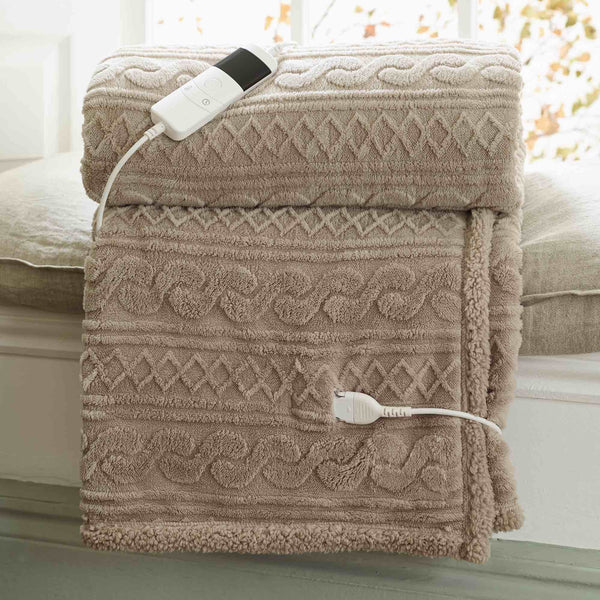 Cable Sherpa Heated Throw - Taupe