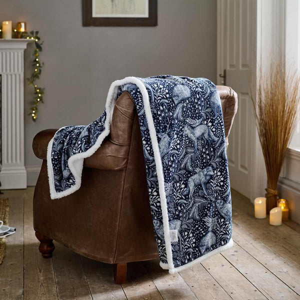 Woodland Folk Printed Sherpa Throw - Navy