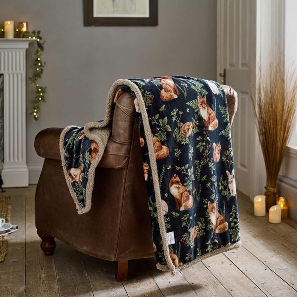 Woodland Wildlife Printed Sherpa Throw - Navy