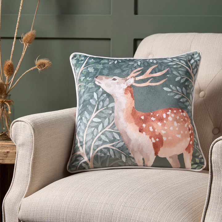 D & D Lodge Forest Animals Cushion - Green - Williamsons Factory Shop