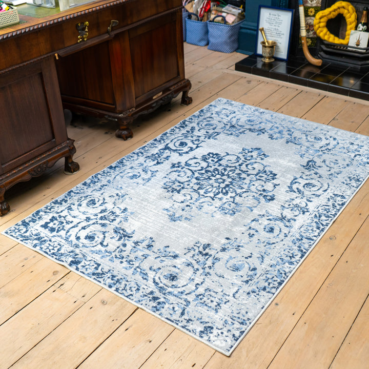 D&D Faraday Washable Rug - Blue - Williamsons Factory Shop