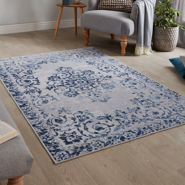 D&D Faraday Washable Rug - Blue - Williamsons Factory Shop