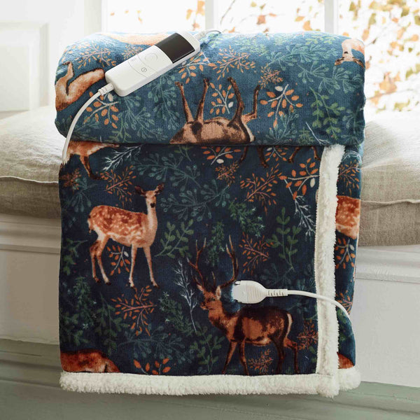 Fox & Deer Sherpa Heated Throw - Teal