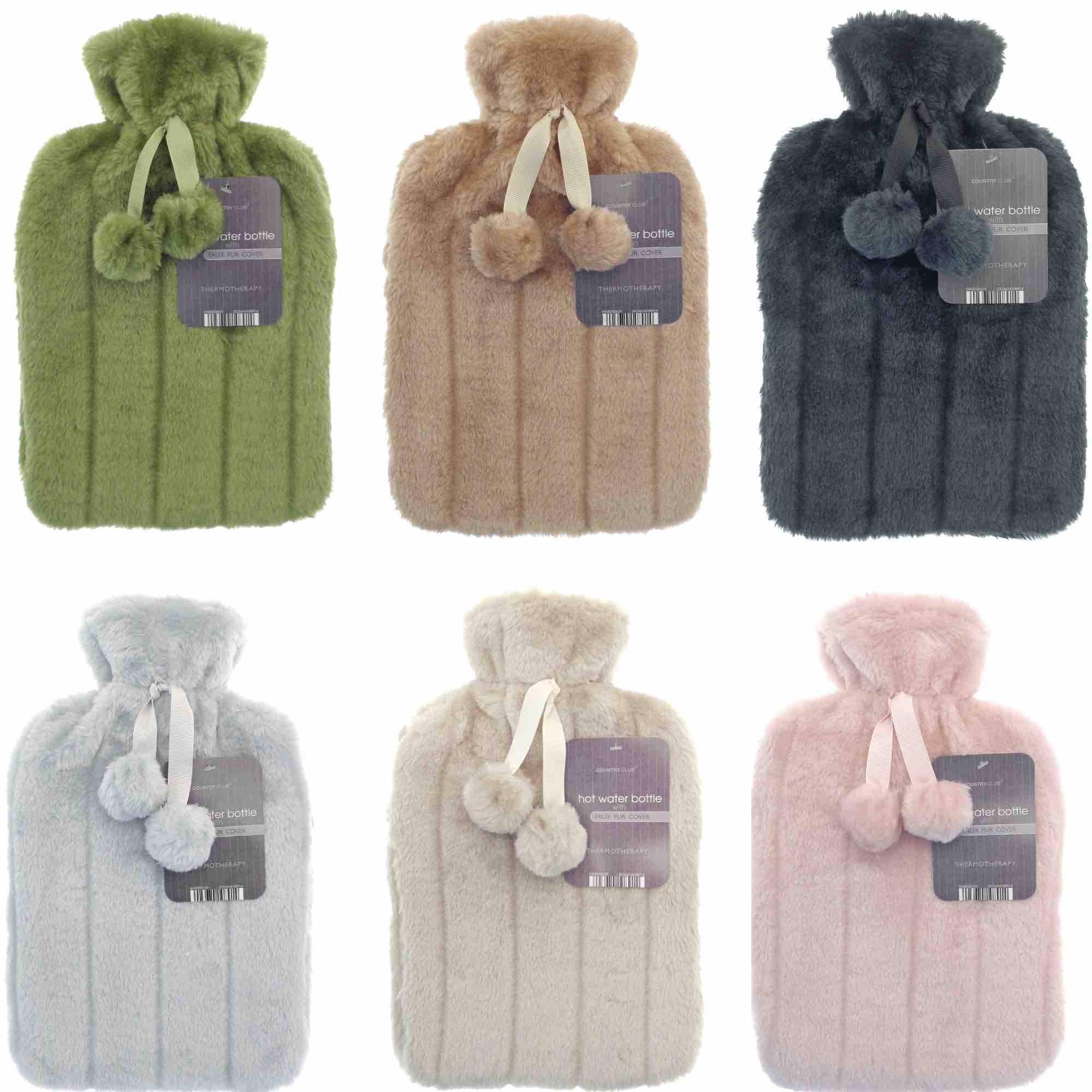 Faux Fur Pom Pom Hot Water Bottle (2L)