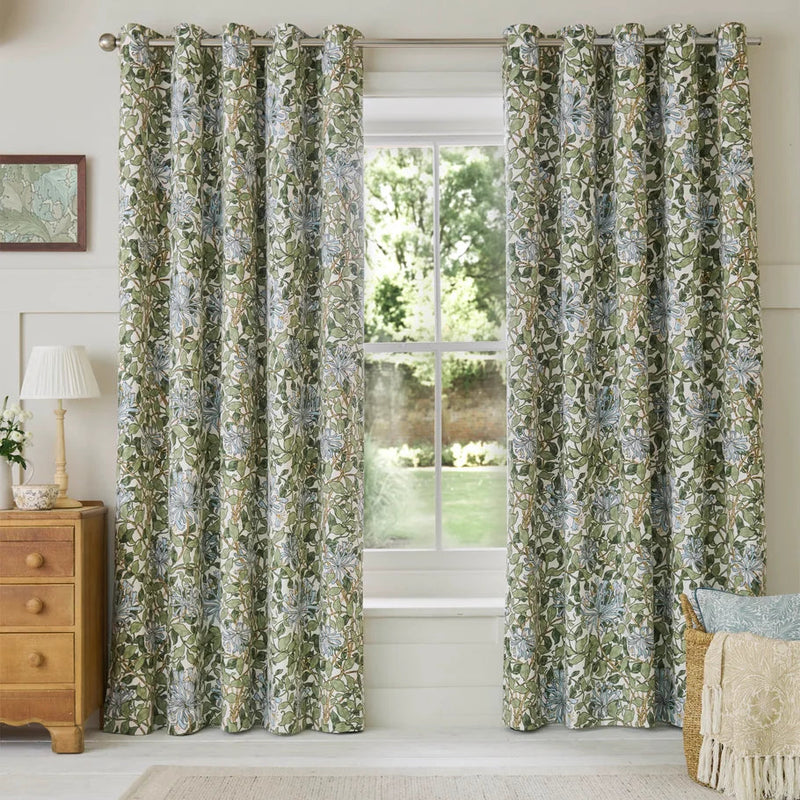 William Morris Honeysuckle Blackout Lined Eyelet Curtains - Powder Blue