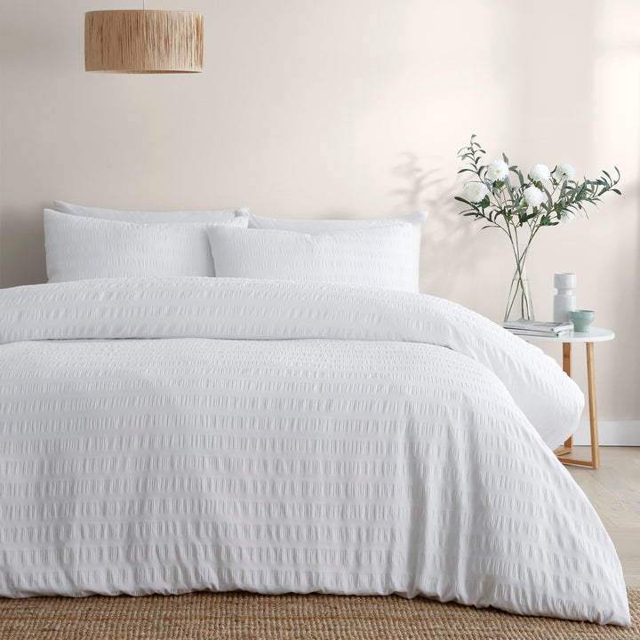 Serene Honley Seersucker Duvet Cover Set - White - Williamsons Factory Shop