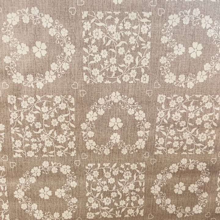 Beige Floral Hearts Vinyl Oil Cloth - Williamsons Factory Shop