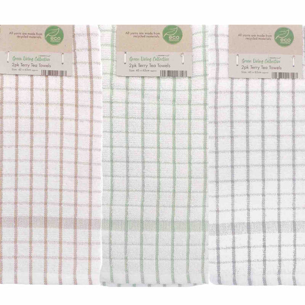 Green Living Recycled Pastel Terry Tea Towels (2 Pack)