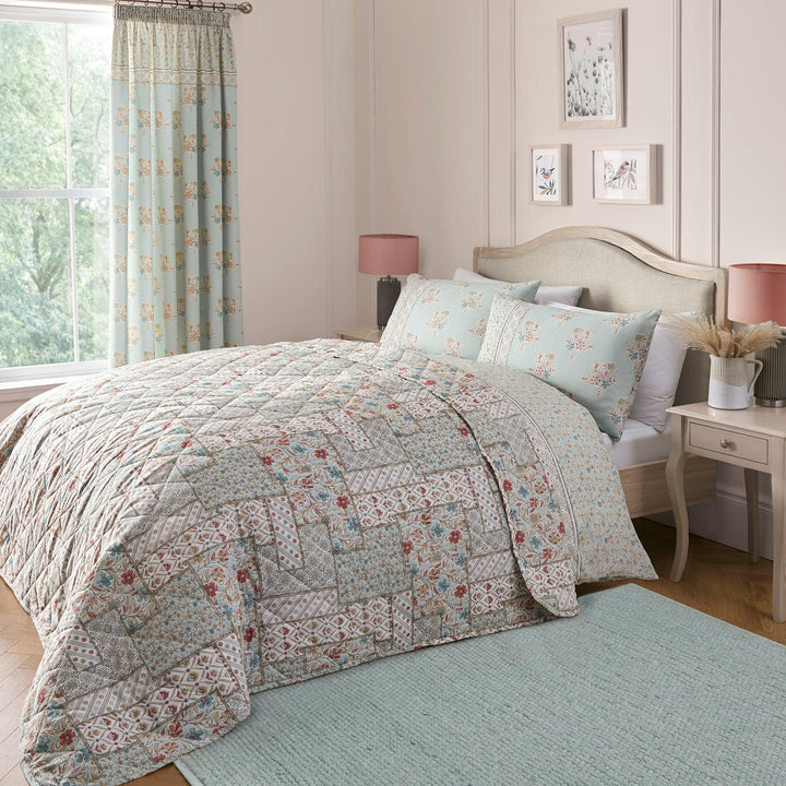 Dreams & Drapes Lorena Patchwork Bedspread - Duck Egg - Williamsons Factory Shop