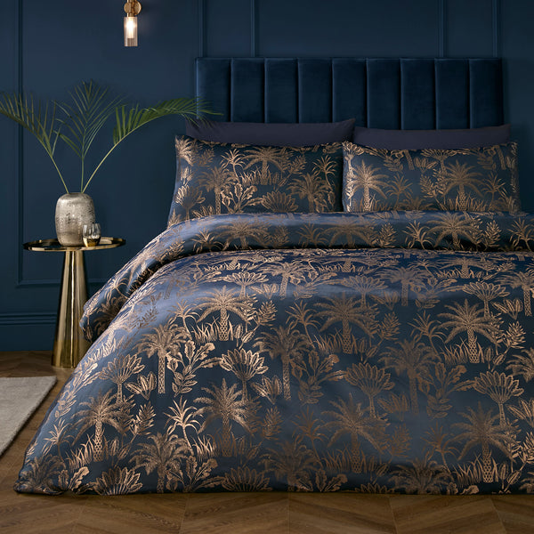 Soiree Midnight Palm Jacquard Duvet Cover Set - Navy