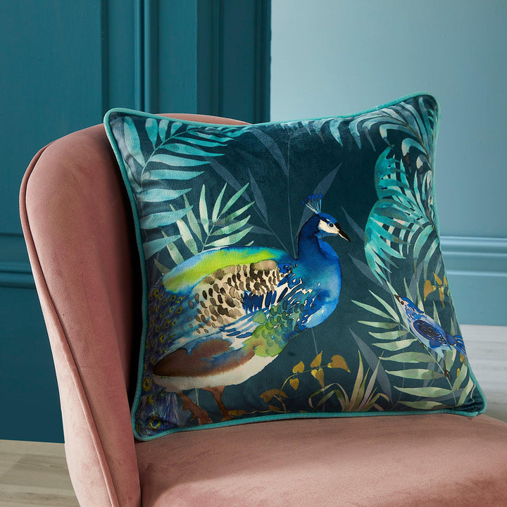 Soiree Peacock Jungle Cushion - Teal - Williamsons Factory Shop