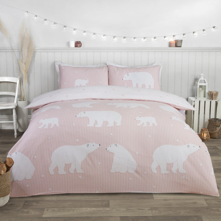Polar Bear Brushed Cotton Duvet Set - Pink - Williamsons Factory Shop