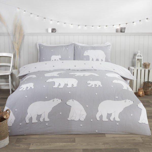 Polar Bear Brushed Cotton Duvet Set - Grey - Williamsons Factory Shop